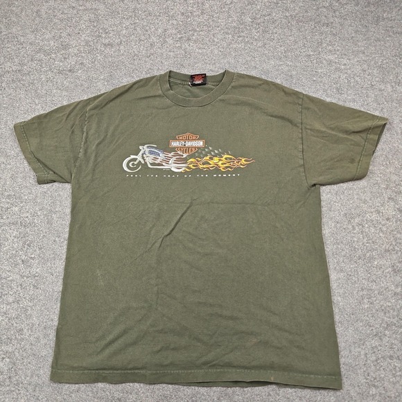 Harley-Davidson Other - Vintage Harley-Davidson Shirt Mens XL Green American Flag Flames Graphic Tee